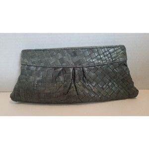 Lauren Merkin NYC Woven Grey Leather Clutch Bag Hinged Snap Closure Lined